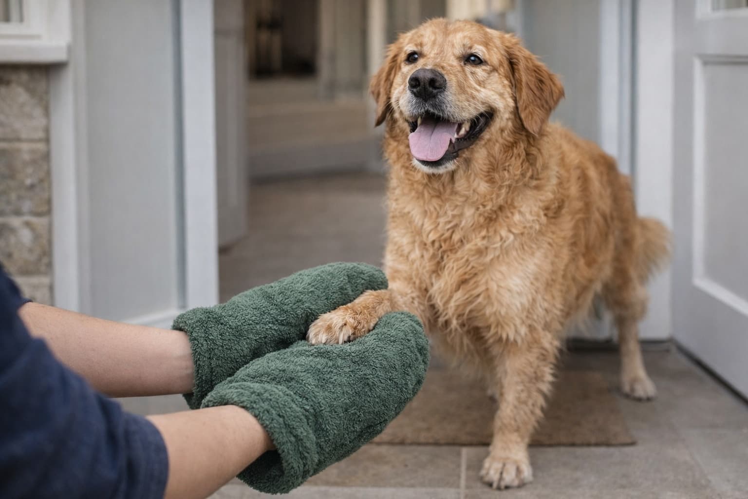 Happy dog wearing DryPaws drying coat