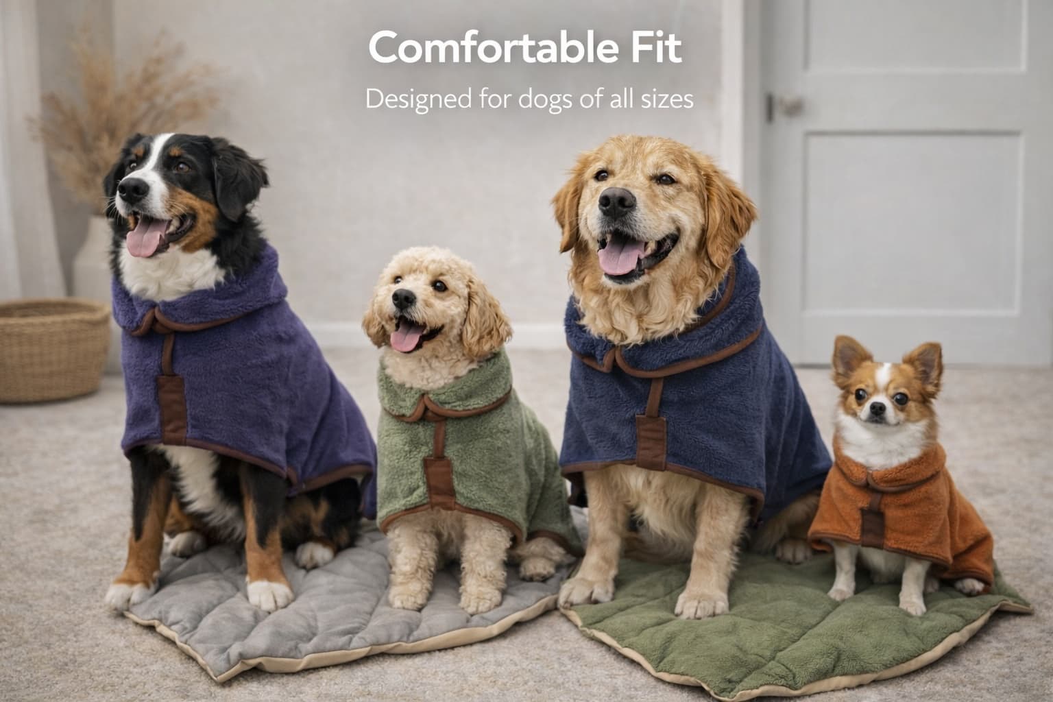 Dog wearing DryPaws coat relaxing at home